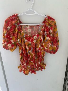 LOFT Red Multi Floral Puff-Sleeve Smocked Waist Blouse